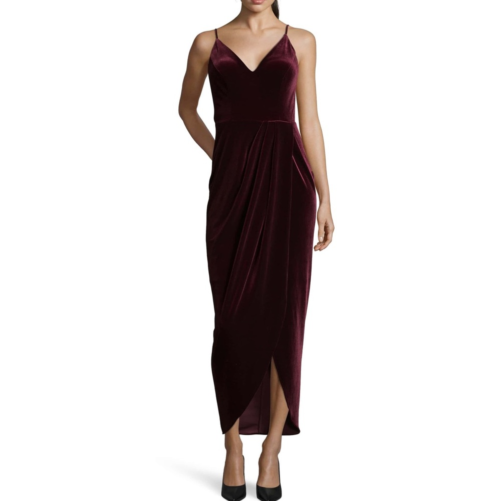 Xscape Maroon Velvet Tulip Hem Gown